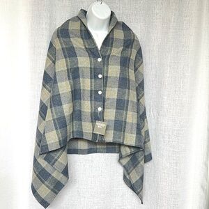 Earth Squared Wool Plaid Tartan Scarf Blue Gray Buttoned Fair Trade